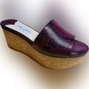 Jimmy Choo Deedee 80 Snakeskin Printed Leather Bordeaux Wedge